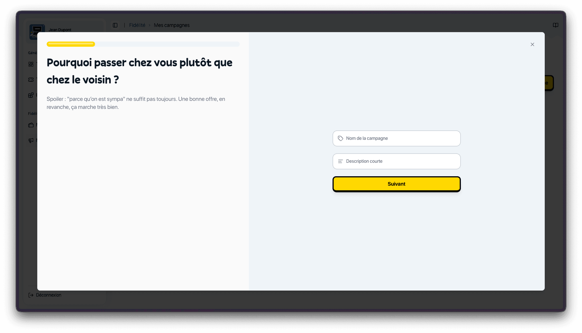 Formulaire de création de campagne avec les champs nom et description
