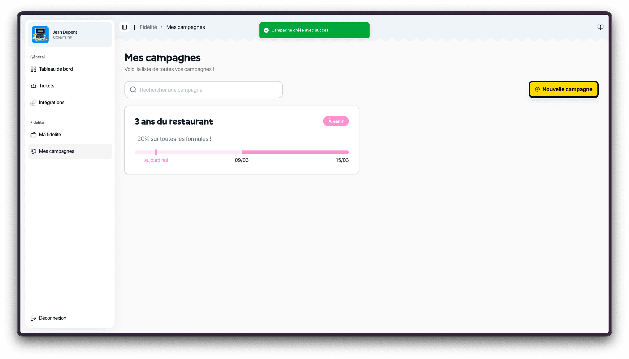 Campagne créée avec succès dans la liste des campagnes