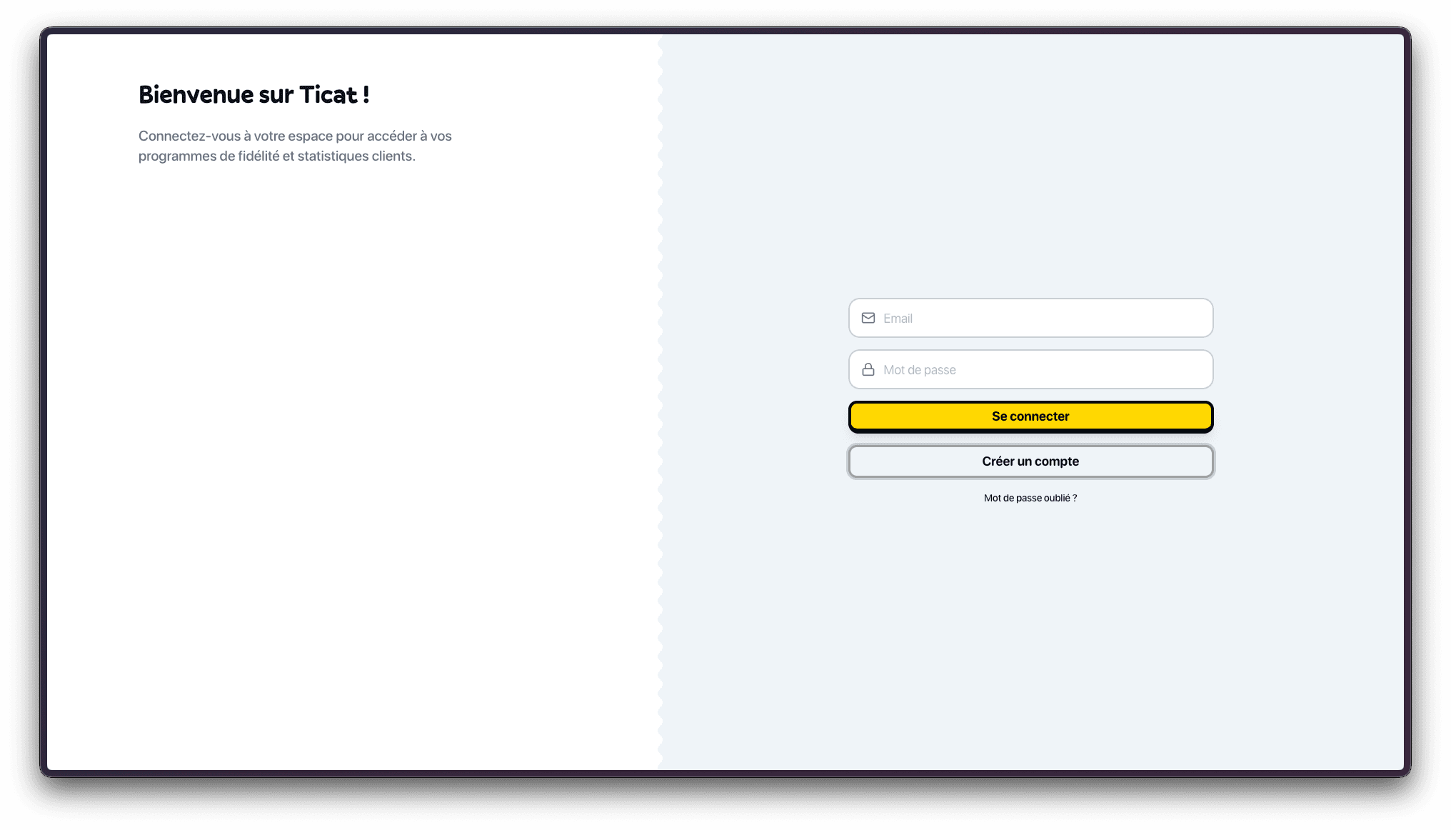 Page de connexion Ticat avec le bouton Créer un compte