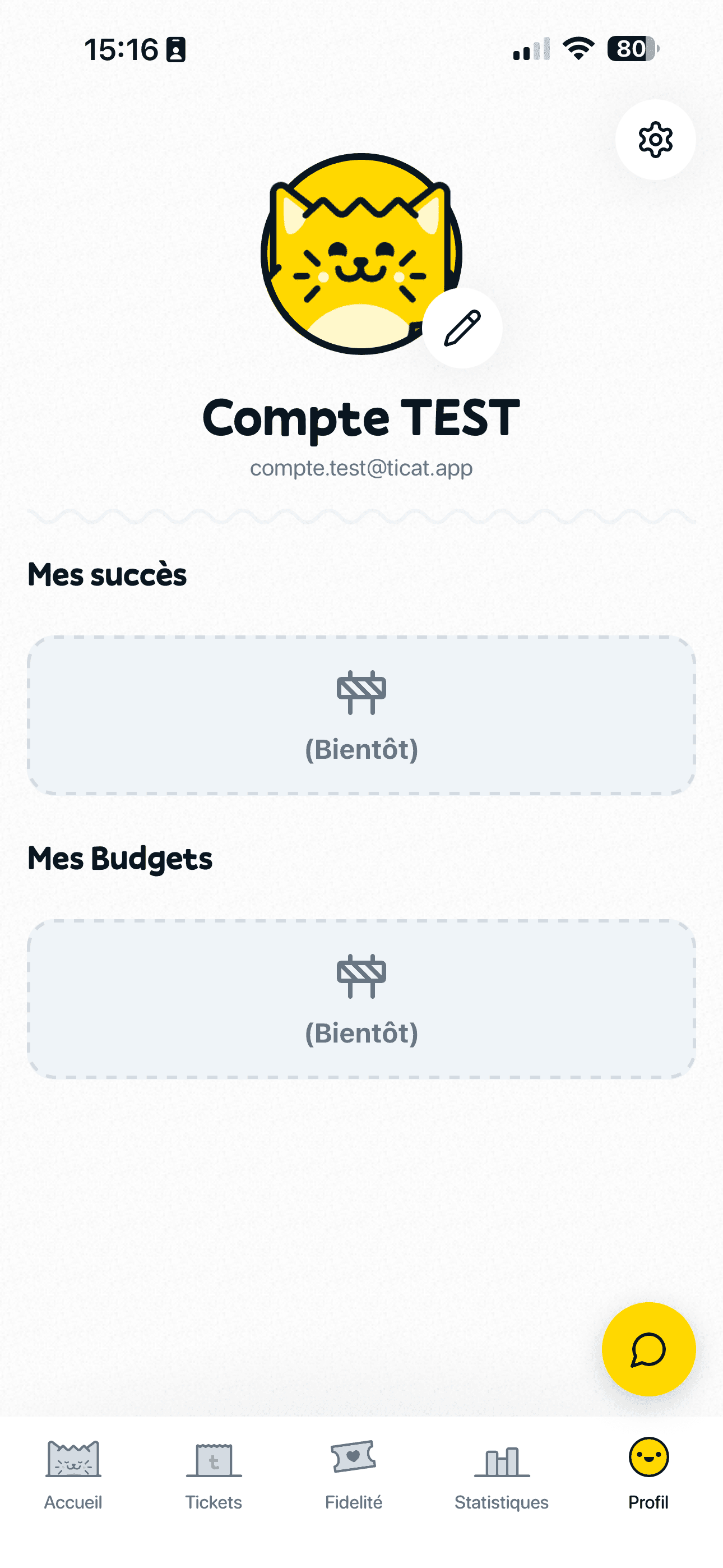 Page Profil avec l'icône paramètres en haut à droite