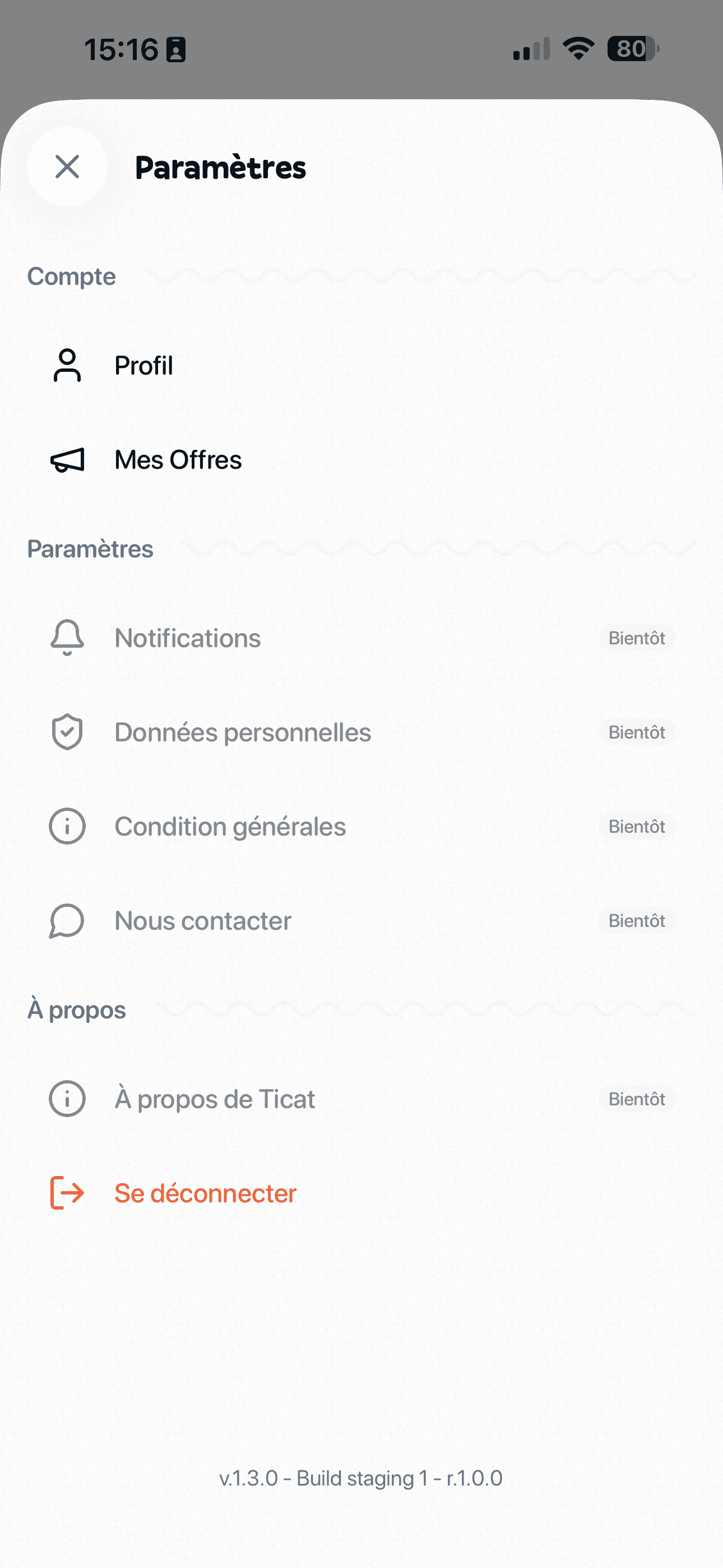 Écran Paramètres avec la section Compte
