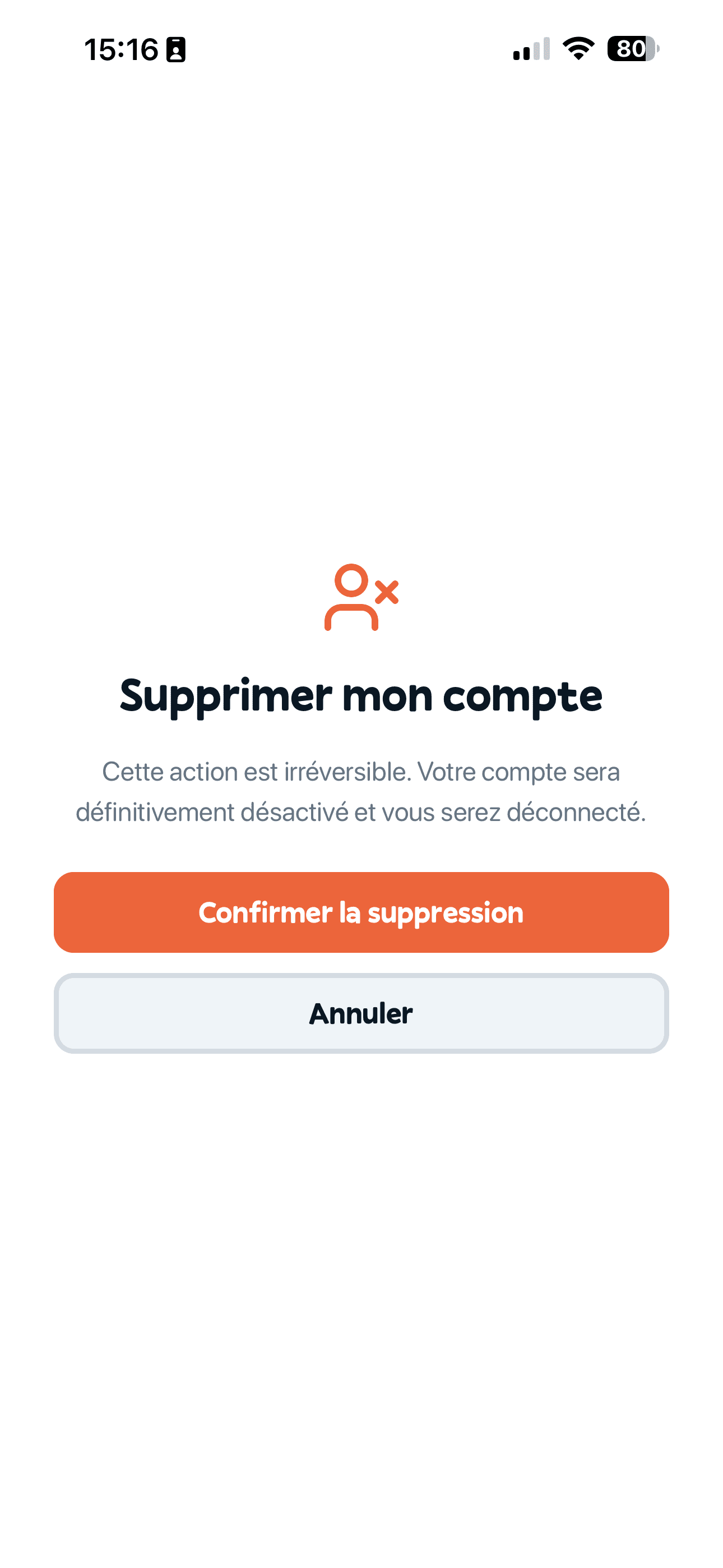Écran de confirmation de suppression du compte