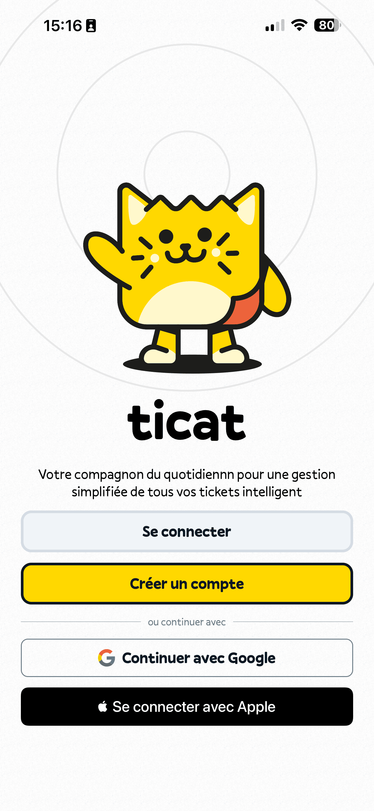 Écran de connexion Ticat après suppression du compte
