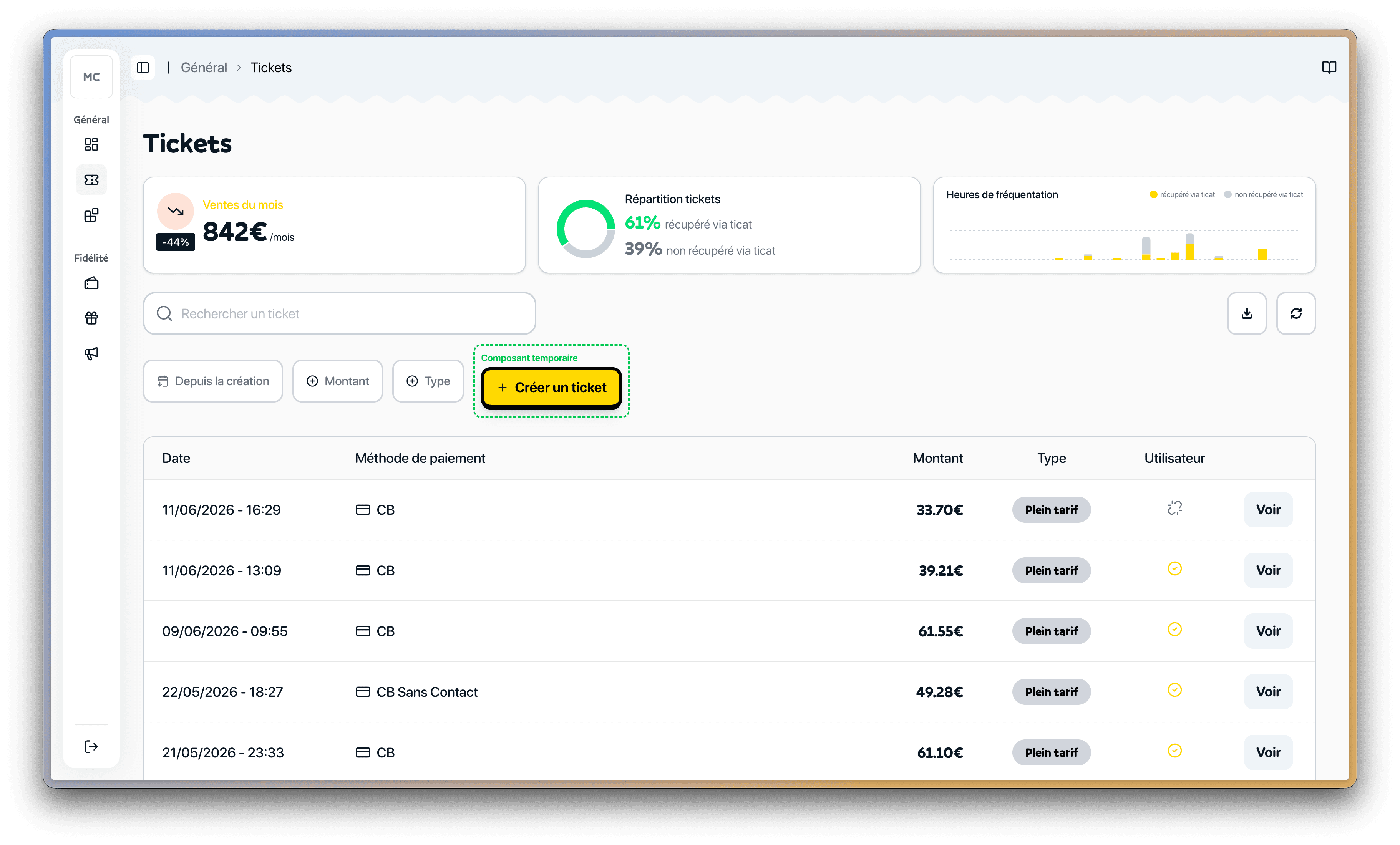 Page Tickets avec la liste des tickets de caisse