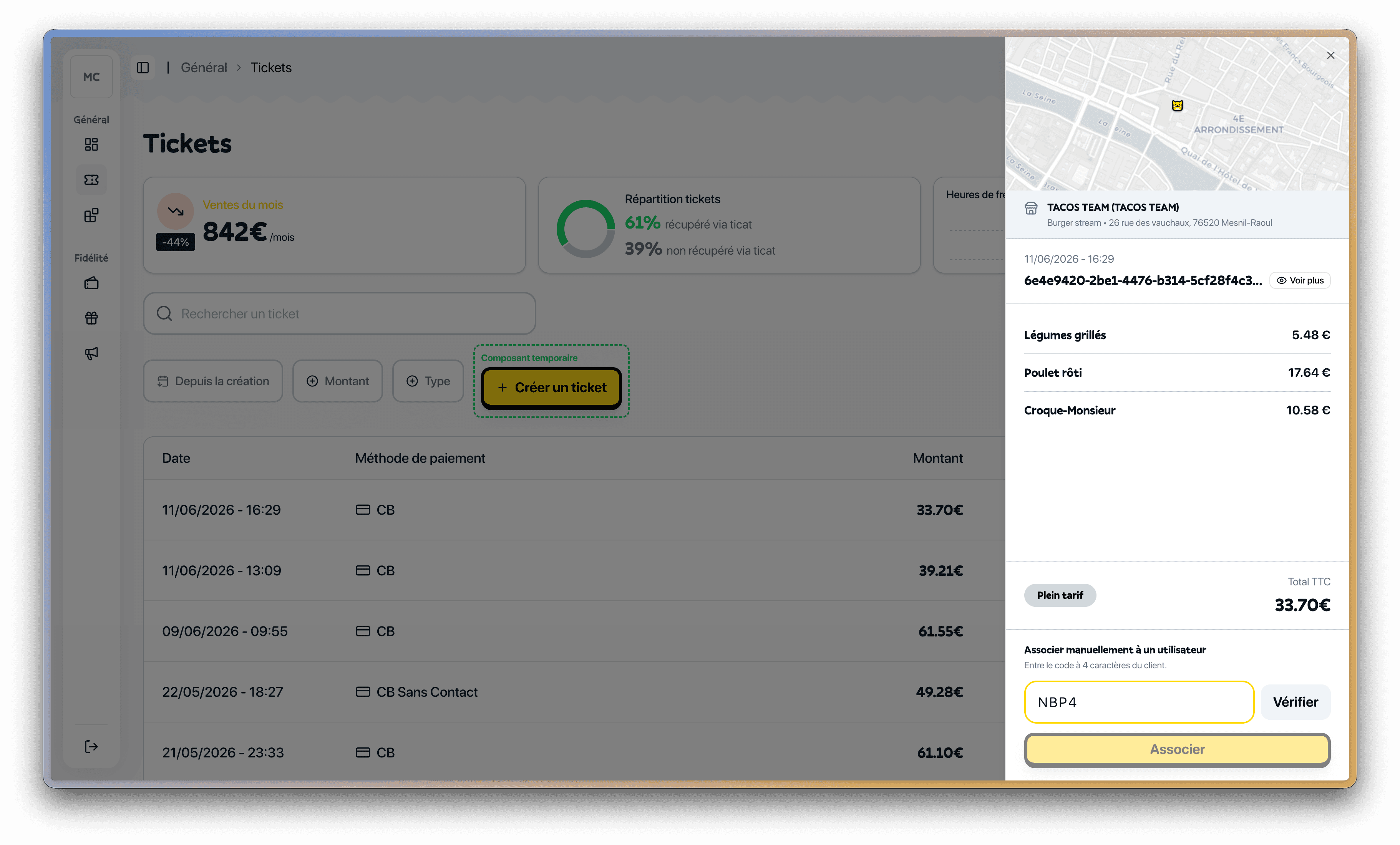 Saisie du code utilisateur dans le panneau de détail du ticket